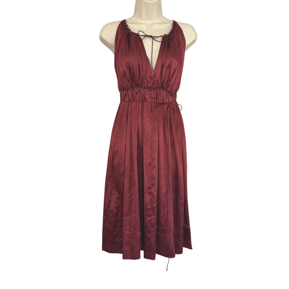 Vintage Intuitions 100% Silk Halter Midi Dress- Burgundy Red Cord Tie Grecian SM